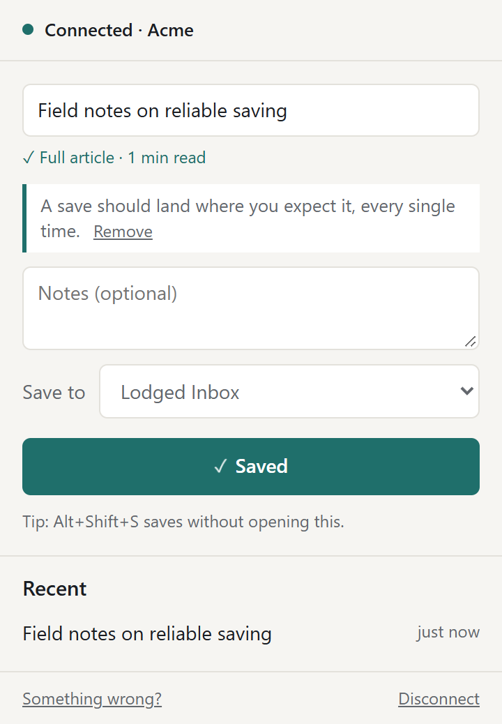 The Lodged popup after a save: the page title, the selected text as a quote, the Saved button, and the new page listed under Recent.
